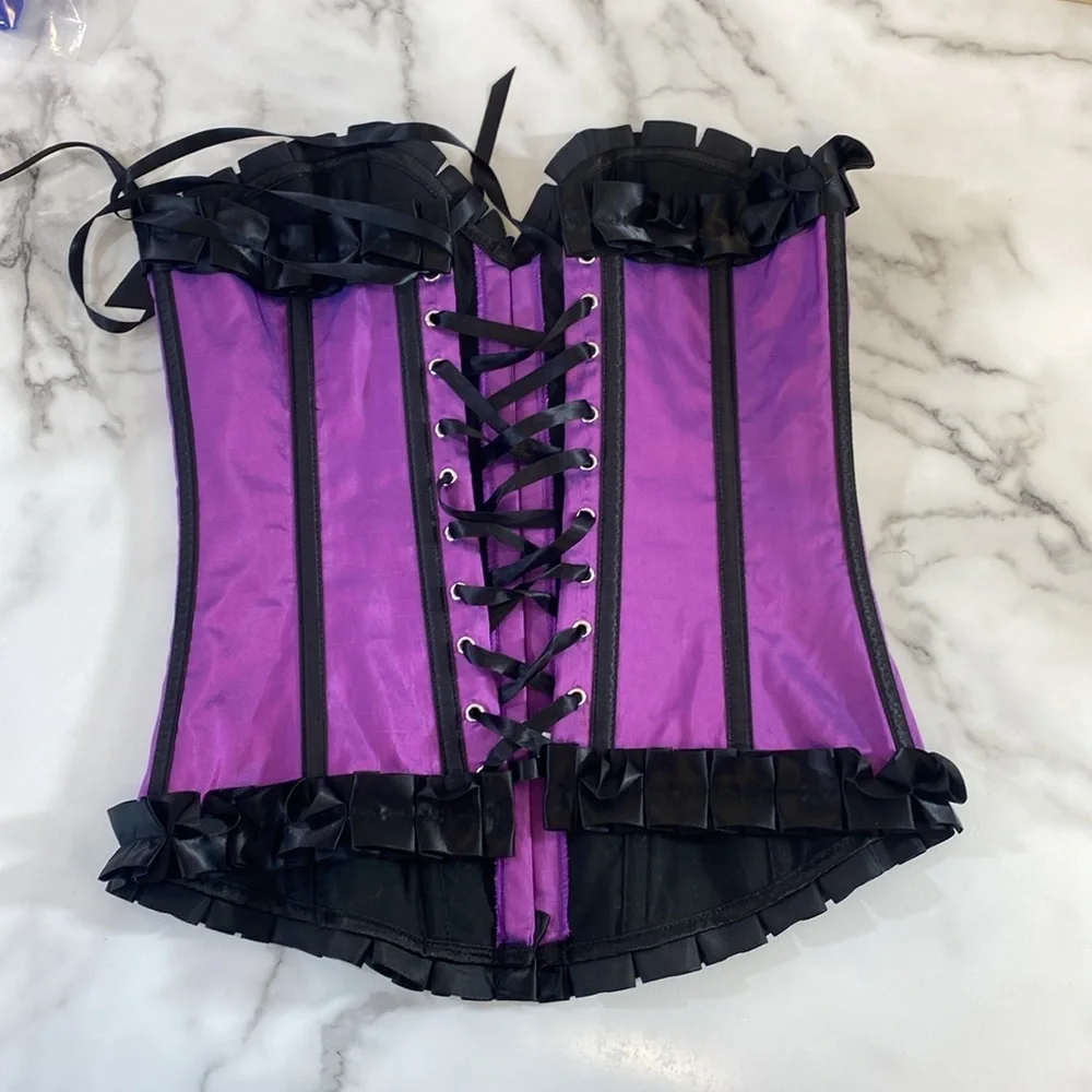 Adore Me Bustier Corset Top Women Size Small Purple Black Strapless Ruffle Boned